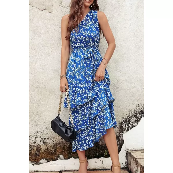 imagePRETTYGARDEN Womens Summer Floral Sundress Casual One Shoulder Tiered Ruffle Flowy Midi Beach Boho DressesFloral Royal Blue White