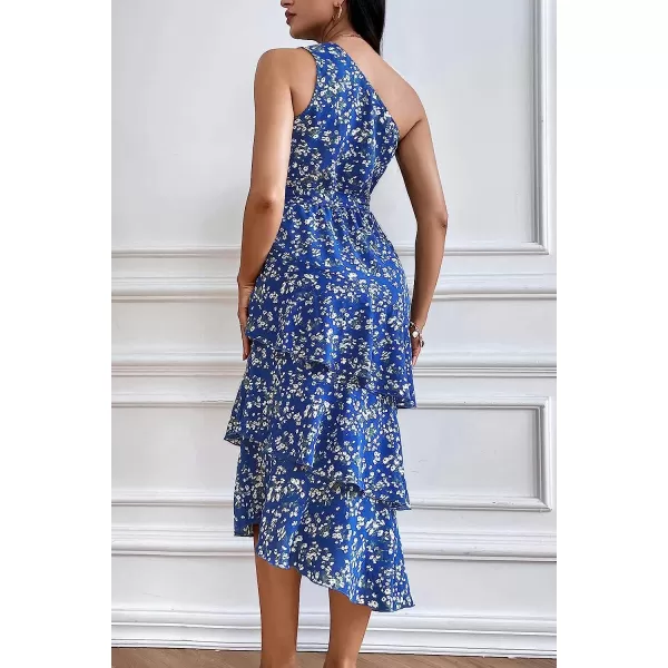 imagePRETTYGARDEN Womens Summer Floral Sundress Casual One Shoulder Tiered Ruffle Flowy Midi Beach Boho DressesFloral Royal Blue White