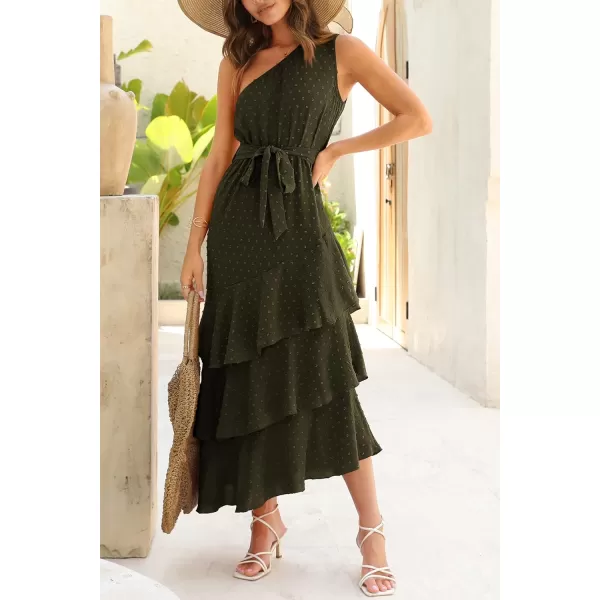 imagePRETTYGARDEN Womens Summer Floral Sundress Casual One Shoulder Tiered Ruffle Flowy Midi Beach Boho DressesSwiss Dot Army Green