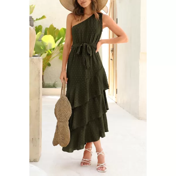imagePRETTYGARDEN Womens Summer Floral Sundress Casual One Shoulder Tiered Ruffle Flowy Midi Beach Boho DressesSwiss Dot Army Green