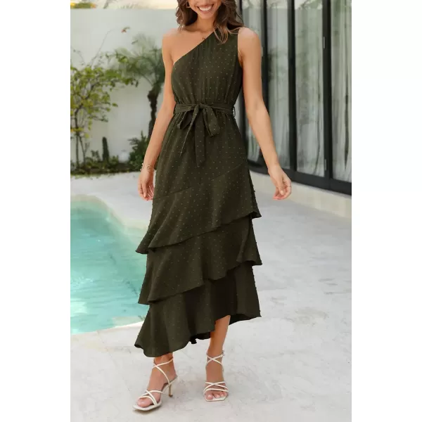 imagePRETTYGARDEN Womens Summer Floral Sundress Casual One Shoulder Tiered Ruffle Flowy Midi Beach Boho DressesSwiss Dot Army Green