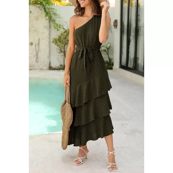 imagePRETTYGARDEN Womens Summer Floral Sundress Casual One Shoulder Tiered Ruffle Flowy Midi Beach Boho DressesSwiss Dot Army Green