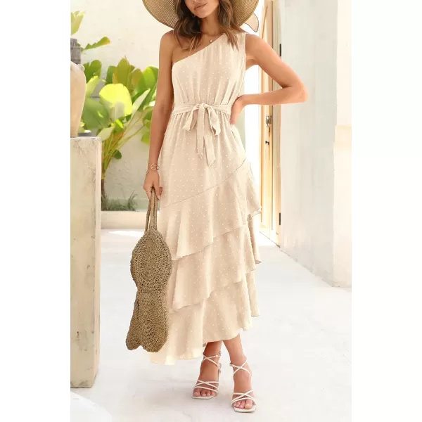 imagePRETTYGARDEN Womens Summer Floral Sundress Casual One Shoulder Tiered Ruffle Flowy Midi Beach Boho DressesSwiss Dot Beige