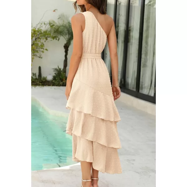 imagePRETTYGARDEN Womens Summer Floral Sundress Casual One Shoulder Tiered Ruffle Flowy Midi Beach Boho DressesSwiss Dot Beige