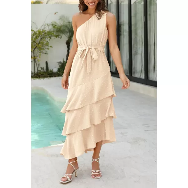 imagePRETTYGARDEN Womens Summer Floral Sundress Casual One Shoulder Tiered Ruffle Flowy Midi Beach Boho DressesSwiss Dot Beige