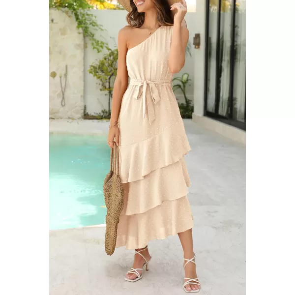 imagePRETTYGARDEN Womens Summer Floral Sundress Casual One Shoulder Tiered Ruffle Flowy Midi Beach Boho DressesSwiss Dot Beige
