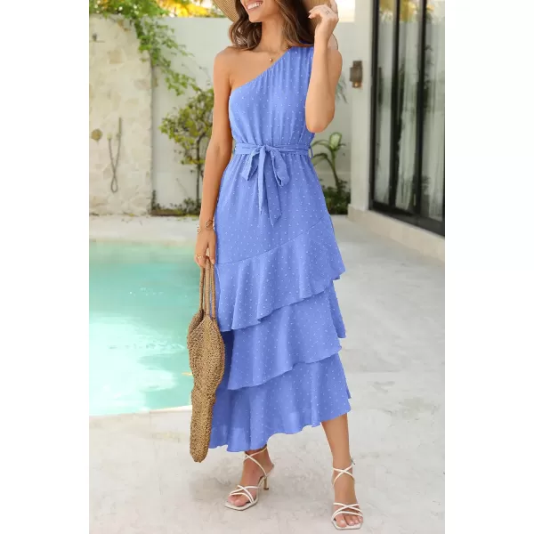 imagePRETTYGARDEN Womens Summer Floral Sundress Casual One Shoulder Tiered Ruffle Flowy Midi Beach Boho DressesSwiss Dot Blue