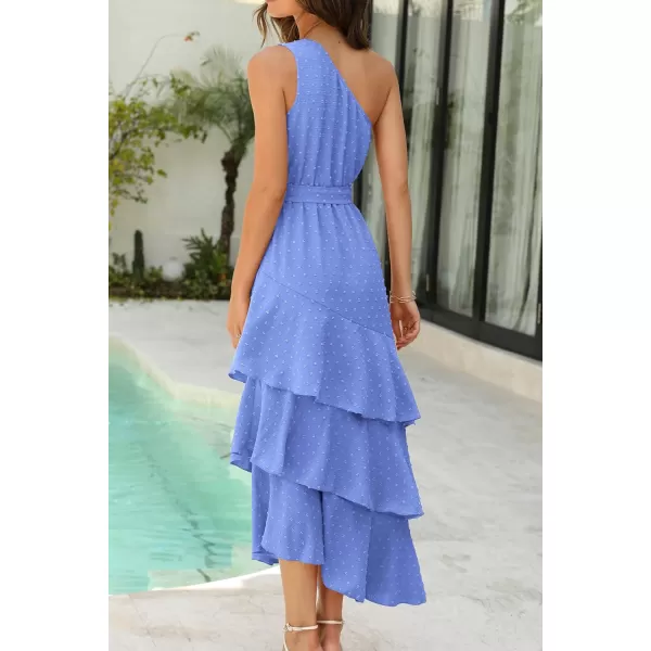 imagePRETTYGARDEN Womens Summer Floral Sundress Casual One Shoulder Tiered Ruffle Flowy Midi Beach Boho DressesSwiss Dot Blue