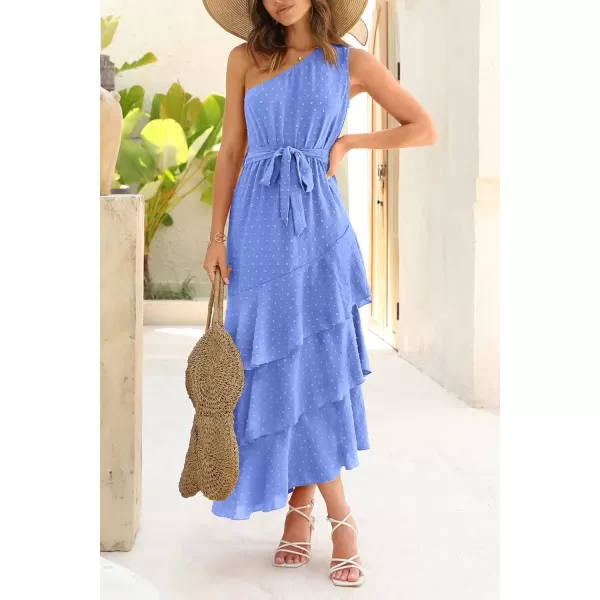 imagePRETTYGARDEN Womens Summer Floral Sundress Casual One Shoulder Tiered Ruffle Flowy Midi Beach Boho DressesSwiss Dot Blue