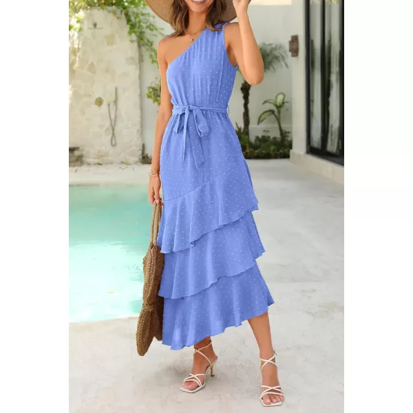 imagePRETTYGARDEN Womens Summer Floral Sundress Casual One Shoulder Tiered Ruffle Flowy Midi Beach Boho DressesSwiss Dot Blue
