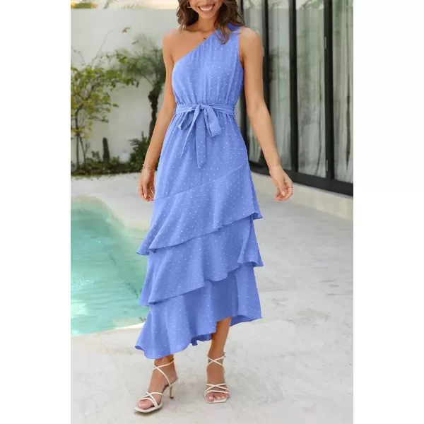 imagePRETTYGARDEN Womens Summer Floral Sundress Casual One Shoulder Tiered Ruffle Flowy Midi Beach Boho DressesSwiss Dot Blue