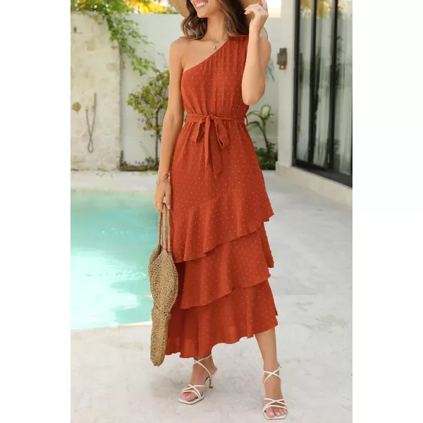 imagePRETTYGARDEN Womens Summer Floral Sundress Casual One Shoulder Tiered Ruffle Flowy Midi Beach Boho DressesSwiss Dot Brick Red