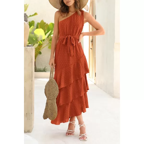 imagePRETTYGARDEN Womens Summer Floral Sundress Casual One Shoulder Tiered Ruffle Flowy Midi Beach Boho DressesSwiss Dot Brick Red