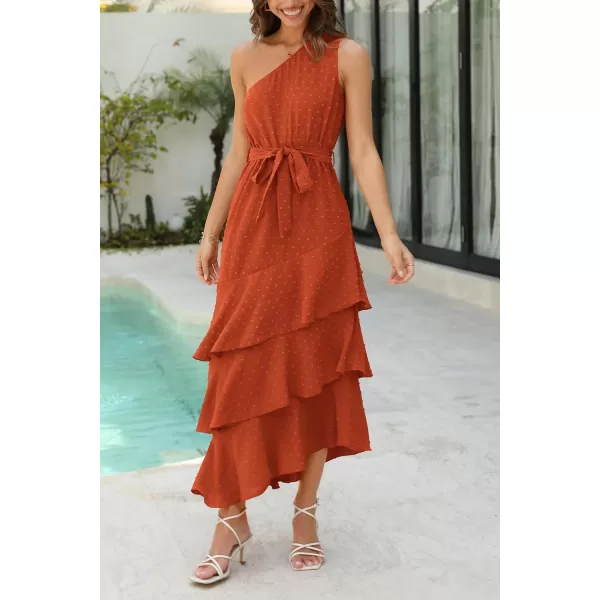 imagePRETTYGARDEN Womens Summer Floral Sundress Casual One Shoulder Tiered Ruffle Flowy Midi Beach Boho DressesSwiss Dot Brick Red