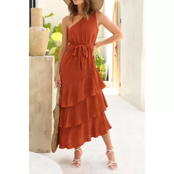 imagePRETTYGARDEN Womens Summer Floral Sundress Casual One Shoulder Tiered Ruffle Flowy Midi Beach Boho DressesSwiss Dot Brick Red