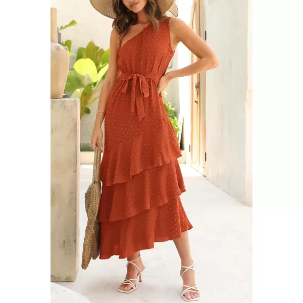 imagePRETTYGARDEN Womens Summer Floral Sundress Casual One Shoulder Tiered Ruffle Flowy Midi Beach Boho DressesSwiss Dot Brick Red