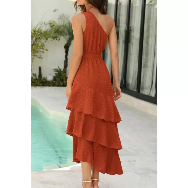 imagePRETTYGARDEN Womens Summer Floral Sundress Casual One Shoulder Tiered Ruffle Flowy Midi Beach Boho DressesSwiss Dot Brick Red