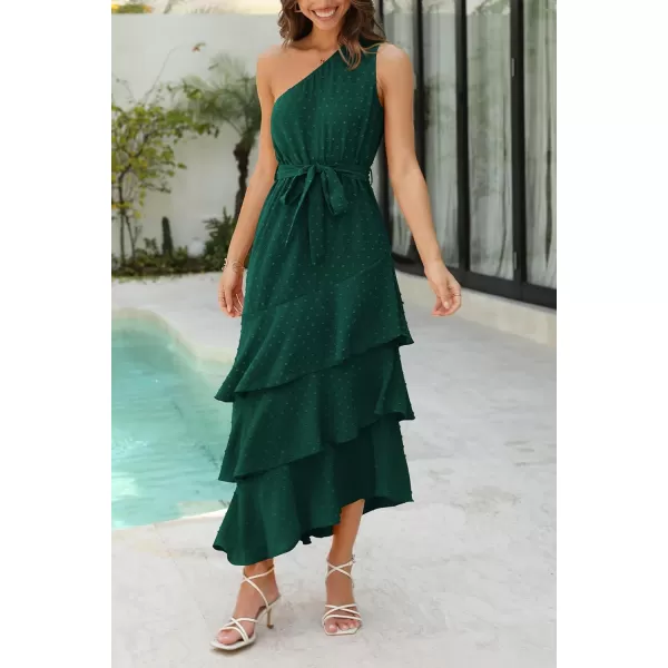 imagePRETTYGARDEN Womens Summer Floral Sundress Casual One Shoulder Tiered Ruffle Flowy Midi Beach Boho DressesSwiss Dot Dark Green