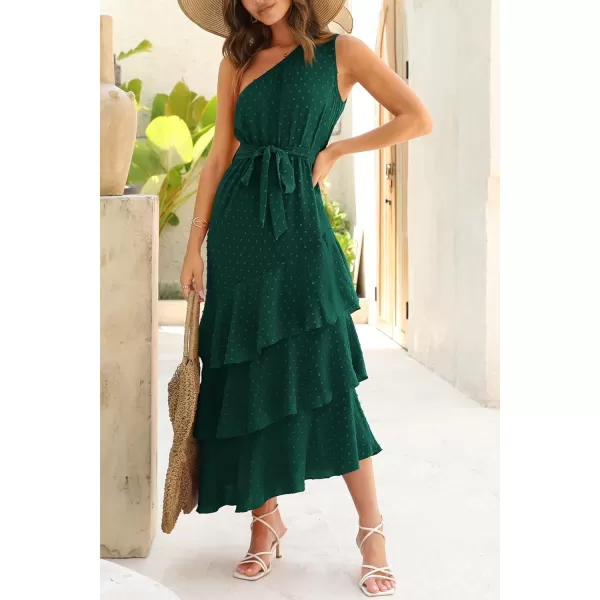 imagePRETTYGARDEN Womens Summer Floral Sundress Casual One Shoulder Tiered Ruffle Flowy Midi Beach Boho DressesSwiss Dot Dark Green