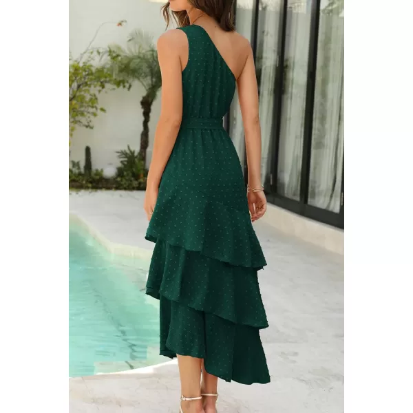 imagePRETTYGARDEN Womens Summer Floral Sundress Casual One Shoulder Tiered Ruffle Flowy Midi Beach Boho DressesSwiss Dot Dark Green