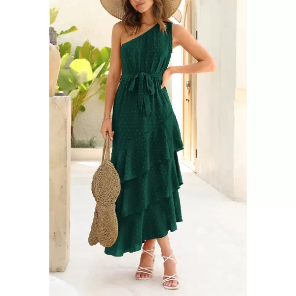imagePRETTYGARDEN Womens Summer Floral Sundress Casual One Shoulder Tiered Ruffle Flowy Midi Beach Boho DressesSwiss Dot Dark Green