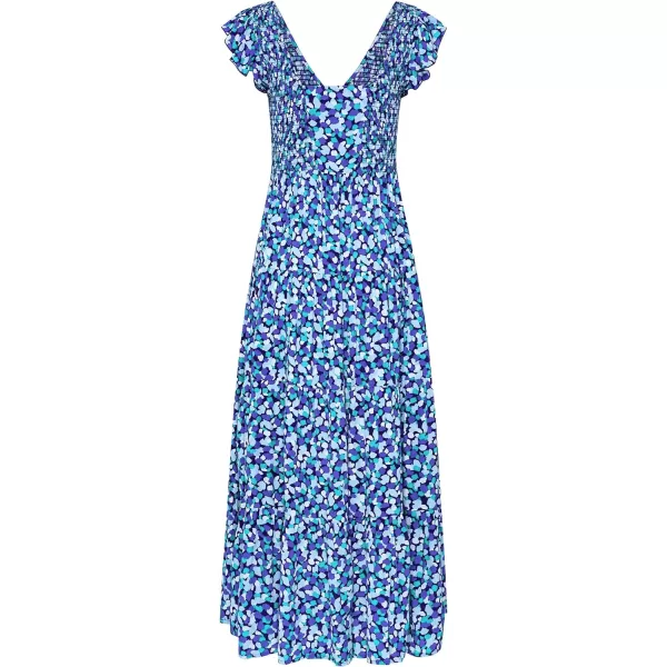 imagePRETTYGARDEN Womens Summer Flowy Maxi Dress Casual Cap Sleeve V Neck Smocked Beach SundressPrint Blue