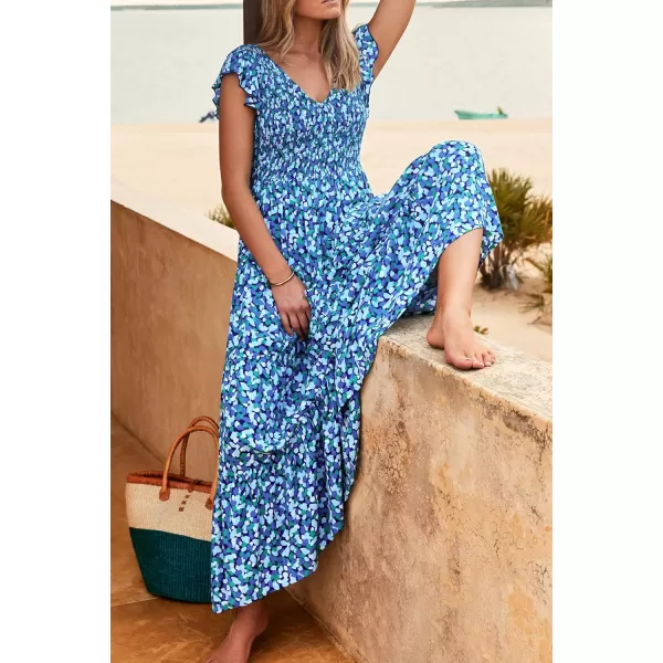 imagePRETTYGARDEN Womens Summer Flowy Maxi Dress Casual Cap Sleeve V Neck Smocked Beach SundressPrint Blue