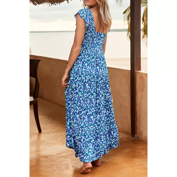 imagePRETTYGARDEN Womens Summer Flowy Maxi Dress Casual Cap Sleeve V Neck Smocked Beach SundressPrint Blue