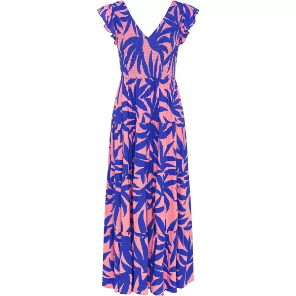 imagePRETTYGARDEN Womens Summer Flowy Maxi Dress Casual Cap Sleeve V Neck Smocked Beach SundressPrint Pink Purple