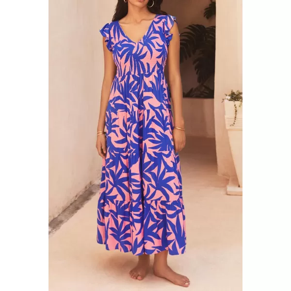 imagePRETTYGARDEN Womens Summer Flowy Maxi Dress Casual Cap Sleeve V Neck Smocked Beach SundressPrint Pink Purple