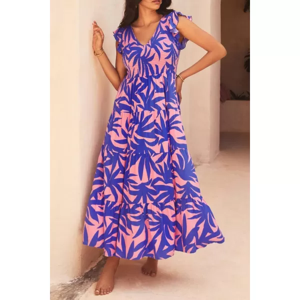 imagePRETTYGARDEN Womens Summer Flowy Maxi Dress Casual Cap Sleeve V Neck Smocked Beach SundressPrint Pink Purple