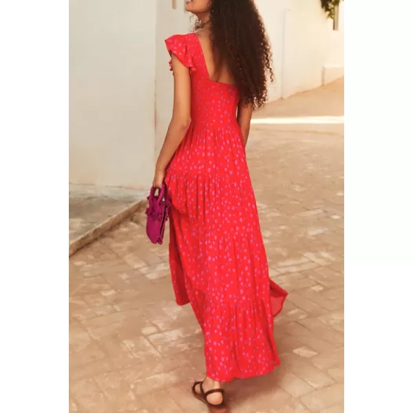imagePRETTYGARDEN Womens Summer Flowy Maxi Dress Casual Cap Sleeve V Neck Smocked Beach SundressPrint Red