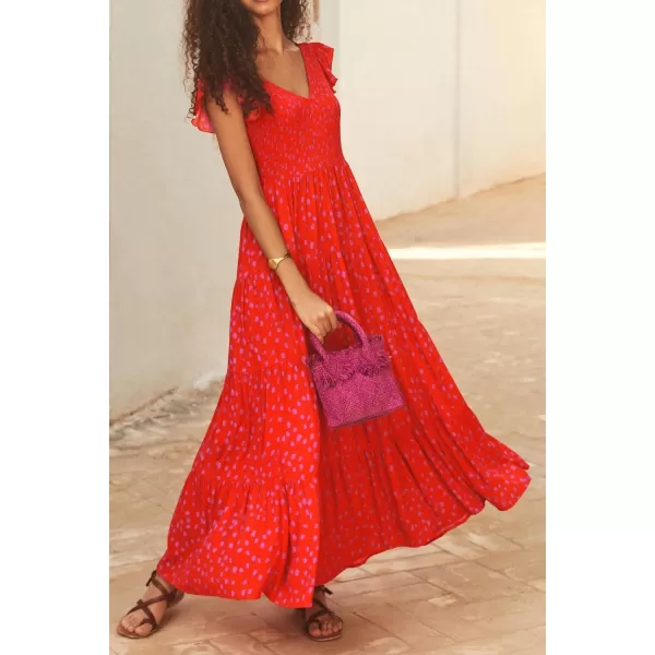 imagePRETTYGARDEN Womens Summer Flowy Maxi Dress Casual Cap Sleeve V Neck Smocked Beach SundressPrint Red