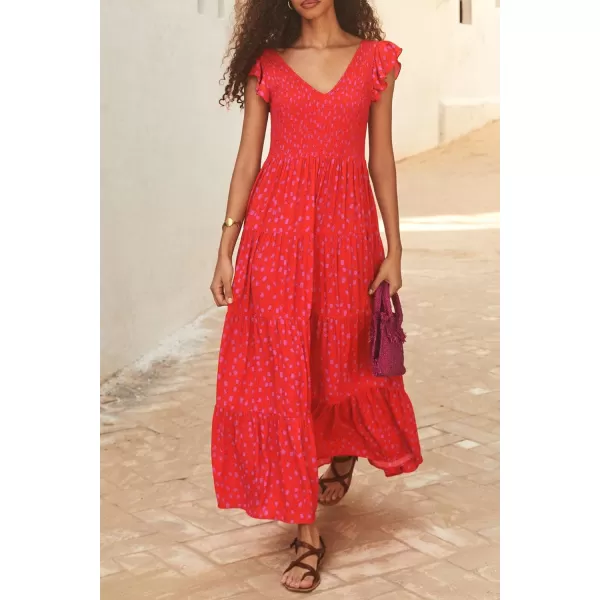 imagePRETTYGARDEN Womens Summer Flowy Maxi Dress Casual Cap Sleeve V Neck Smocked Beach SundressPrint Red