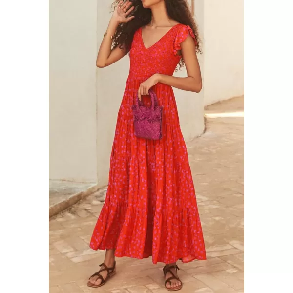 imagePRETTYGARDEN Womens Summer Flowy Maxi Dress Casual Cap Sleeve V Neck Smocked Beach SundressPrint Red