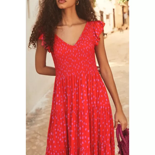 imagePRETTYGARDEN Womens Summer Flowy Maxi Dress Casual Cap Sleeve V Neck Smocked Beach SundressPrint Red