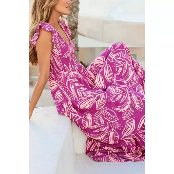 imagePRETTYGARDEN Womens Summer Flowy Maxi Dress Casual Cap Sleeve V Neck Smocked Beach SundressPrint Rose Purple