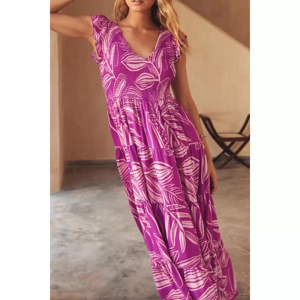 imagePRETTYGARDEN Womens Summer Flowy Maxi Dress Casual Cap Sleeve V Neck Smocked Beach SundressPrint Rose Purple