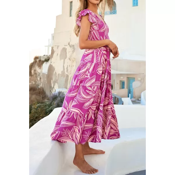 imagePRETTYGARDEN Womens Summer Flowy Maxi Dress Casual Cap Sleeve V Neck Smocked Beach SundressPrint Rose Purple