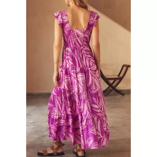 imagePRETTYGARDEN Womens Summer Flowy Maxi Dress Casual Cap Sleeve V Neck Smocked Beach SundressPrint Rose Purple