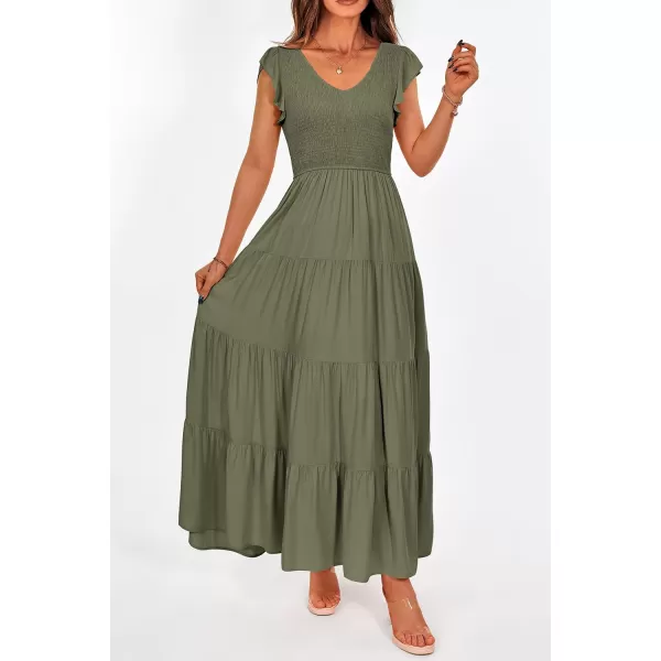 imagePRETTYGARDEN Womens Summer Flowy Maxi Dress Casual Cap Sleeve V Neck Smocked Beach SundressSolid Army Green