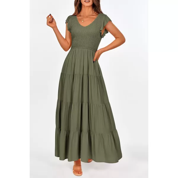 imagePRETTYGARDEN Womens Summer Flowy Maxi Dress Casual Cap Sleeve V Neck Smocked Beach SundressSolid Army Green