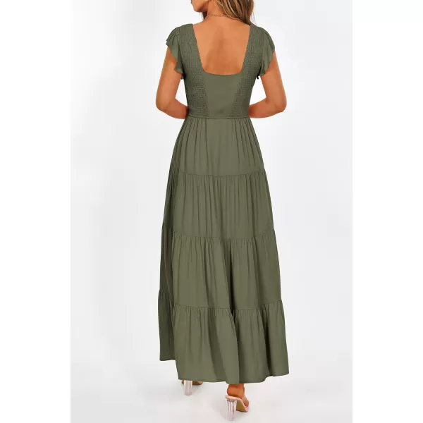 imagePRETTYGARDEN Womens Summer Flowy Maxi Dress Casual Cap Sleeve V Neck Smocked Beach SundressSolid Army Green