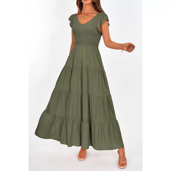 imagePRETTYGARDEN Womens Summer Flowy Maxi Dress Casual Cap Sleeve V Neck Smocked Beach SundressSolid Army Green