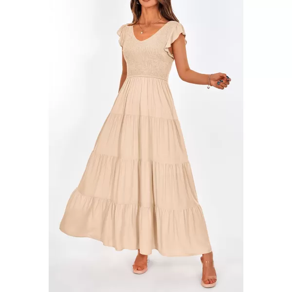 imagePRETTYGARDEN Womens Summer Flowy Maxi Dress Casual Cap Sleeve V Neck Smocked Beach SundressSolid Beige