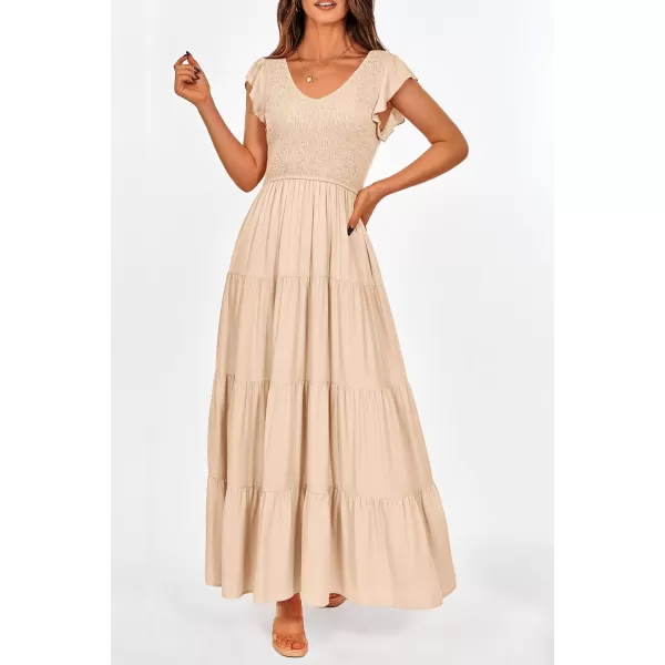 imagePRETTYGARDEN Womens Summer Flowy Maxi Dress Casual Cap Sleeve V Neck Smocked Beach SundressSolid Beige