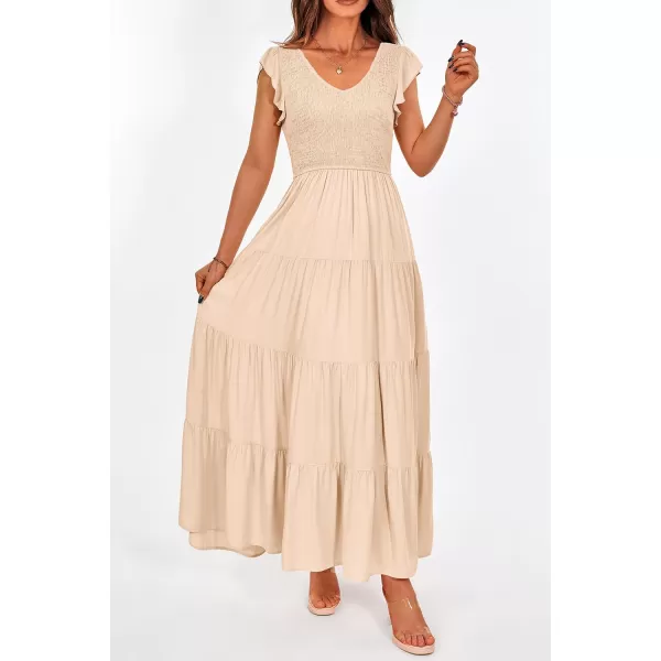 imagePRETTYGARDEN Womens Summer Flowy Maxi Dress Casual Cap Sleeve V Neck Smocked Beach SundressSolid Beige