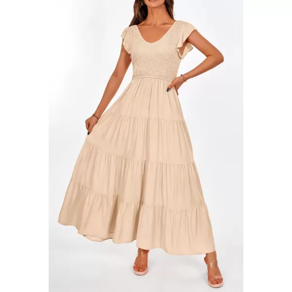 imagePRETTYGARDEN Womens Summer Flowy Maxi Dress Casual Cap Sleeve V Neck Smocked Beach SundressSolid Beige