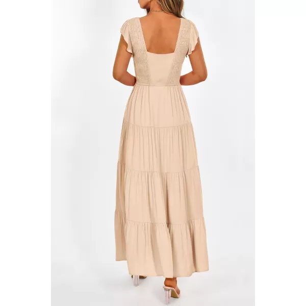 imagePRETTYGARDEN Womens Summer Flowy Maxi Dress Casual Cap Sleeve V Neck Smocked Beach SundressSolid Beige