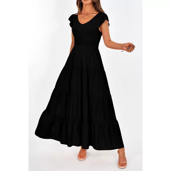 imagePRETTYGARDEN Womens Summer Flowy Maxi Dress Casual Cap Sleeve V Neck Smocked Beach SundressSolid Black